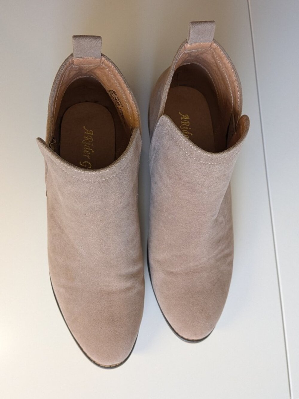 A Rider Girl Beige Faux-Suede Booties, 1.25" Leather Heal, Sz 9